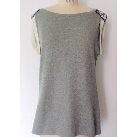 GAP GRAY CREAM FLANNEL SWEATER VEST BEADED SEQUINS SHOULDER L NWT - Picture 2 of 7